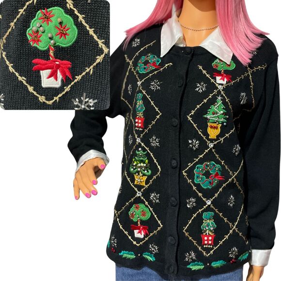 OHI Vintage Black Christmas Holiday Knit Cardigan Sweater Embroidered Beaded - Picture 1 of 13